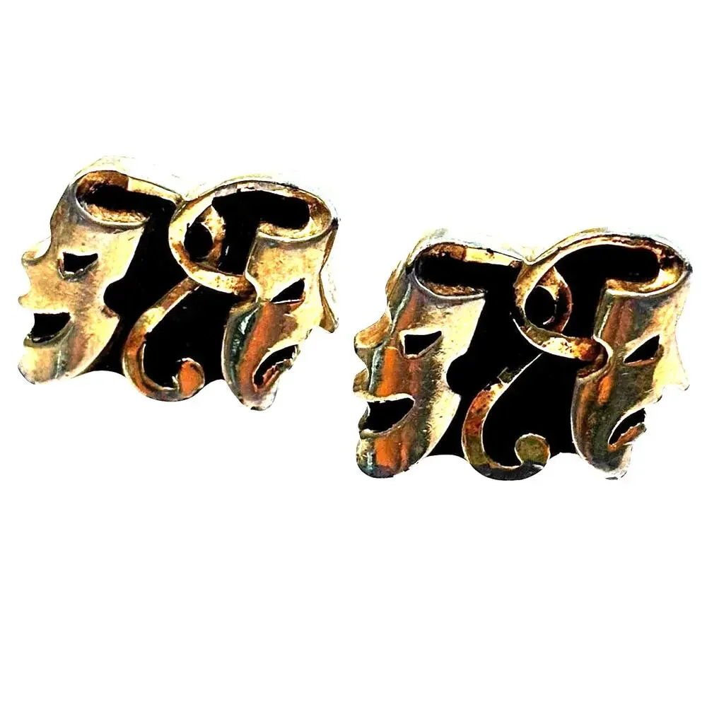 Vintage Mid Century 60's Gold Cufflinks Thespian masks comedy & tragedy faces